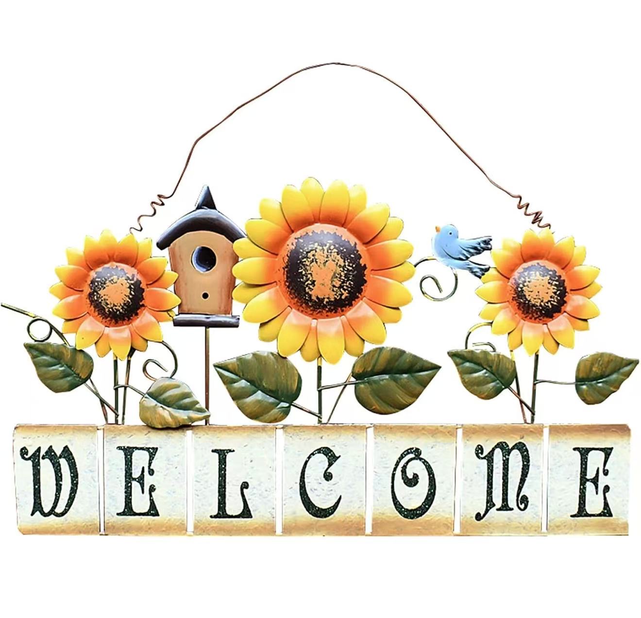 Metal Sunflower Welcome Sign Hanging Wall Art Door Decor for Indoor Outdoor Garden Wall Art
