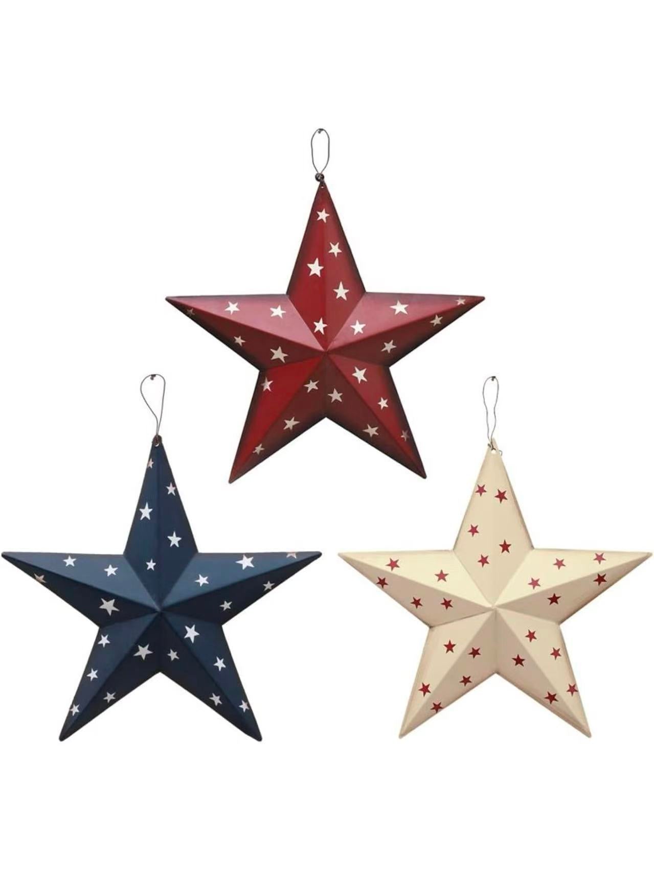 Set of 3 Patriotic Metal Barn Stars Wall Decor– American Flag Style (3 Pack)