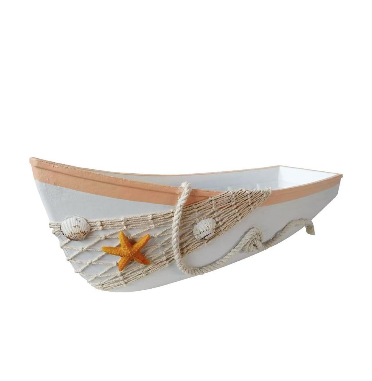 Wooden Boat Tray Decor –17"L Canoe Tray with Fish Net, Starfish, and Seashell Accents. White Beach Nautical Theme.