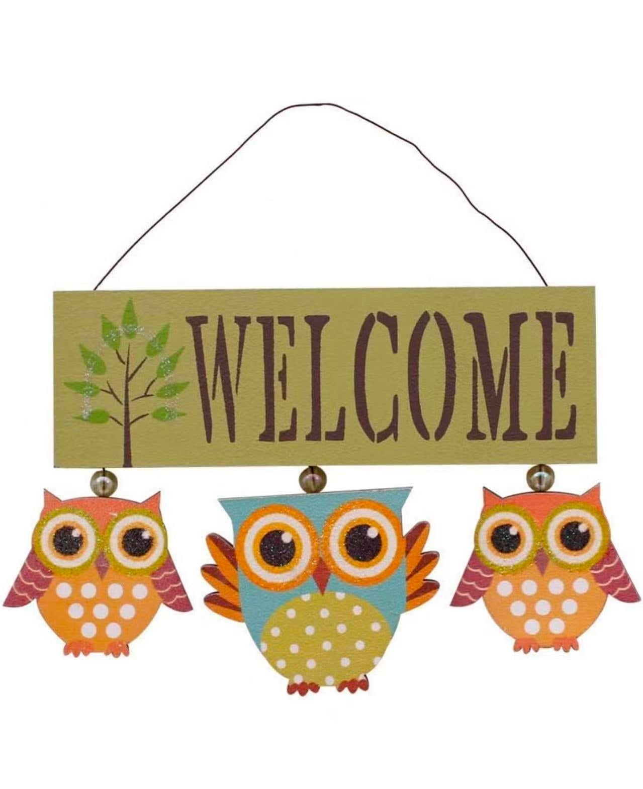 Primitive Country Wood Welcome Owl Sign Door Hanging Owls Decor Wall Art (GREEN)