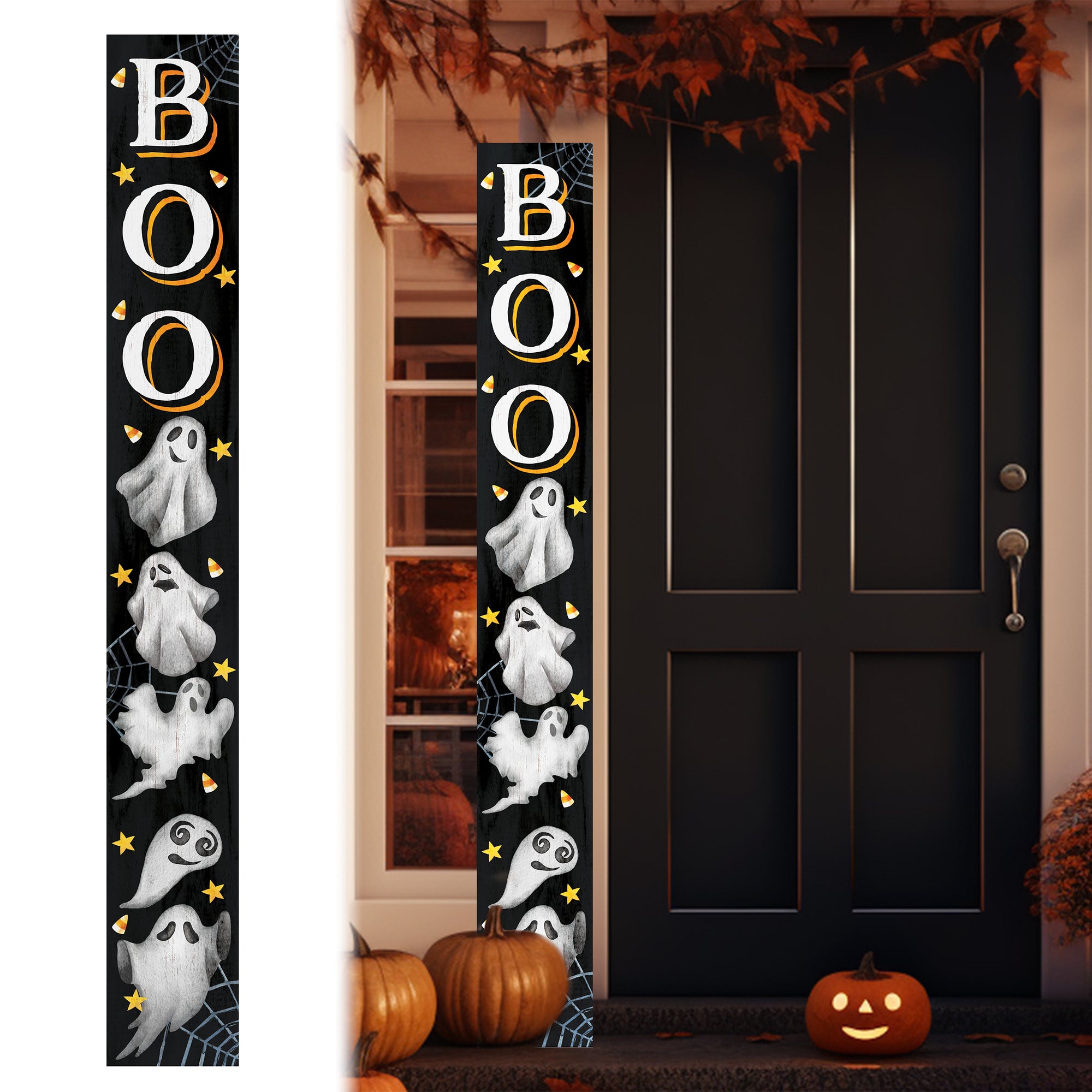 72" Black White And Orange Halloween Ghost Solid Wood Porch Sign