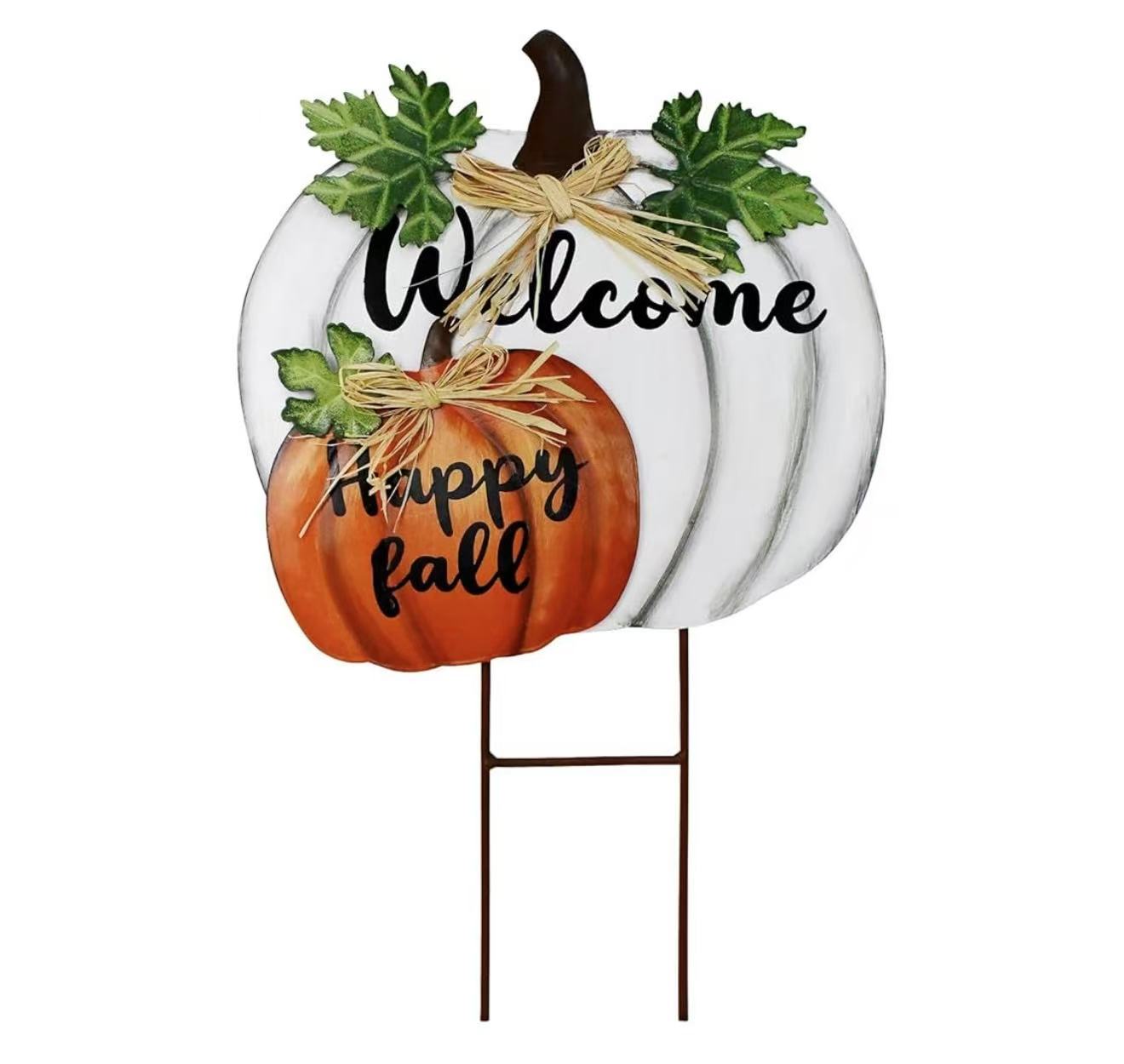 Metal Pumpkin Garden Stake Decorative Happy Fall Welcome Yard Sign Thanksgiving Decorations