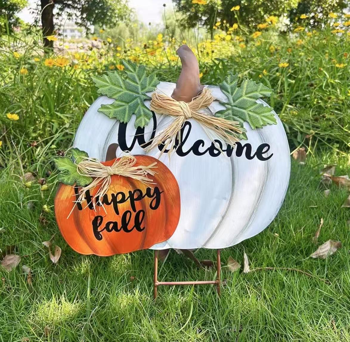 Metal Pumpkin Garden Stake Decorative Happy Fall Welcome Yard Sign Thanksgiving Decorations