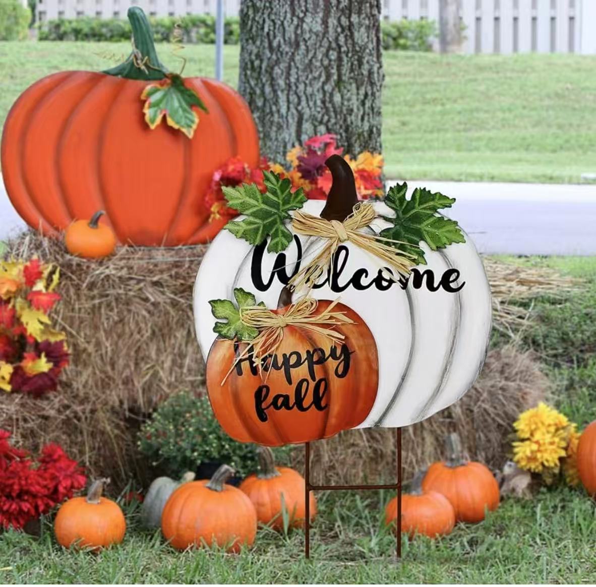 Metal Pumpkin Garden Stake Decorative Happy Fall Welcome Yard Sign Thanksgiving Decorations