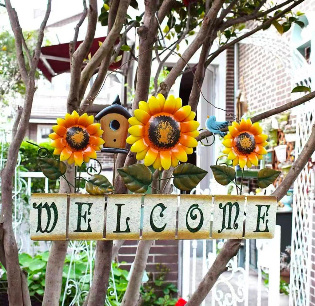 Metal Sunflower Welcome Sign Hanging Wall Art Door Decor for Indoor Outdoor Garden Wall Art