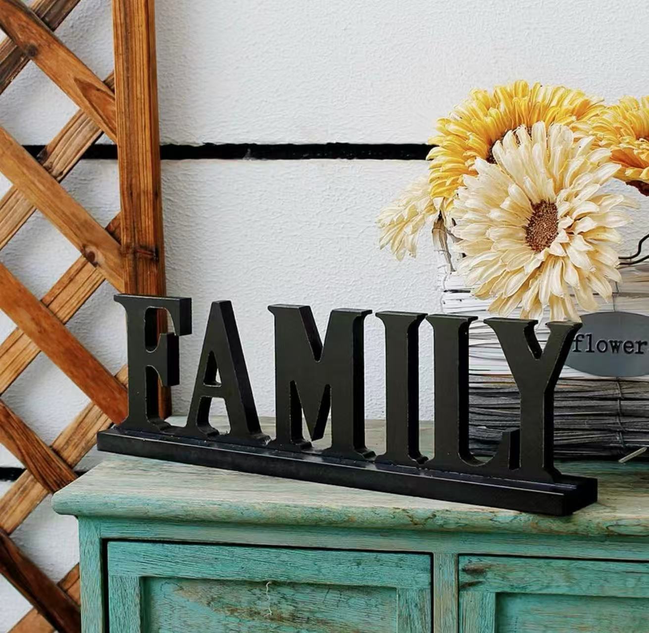 Wooden FAMILY Words Decorative Sign Free Standing Tabletop Decoration