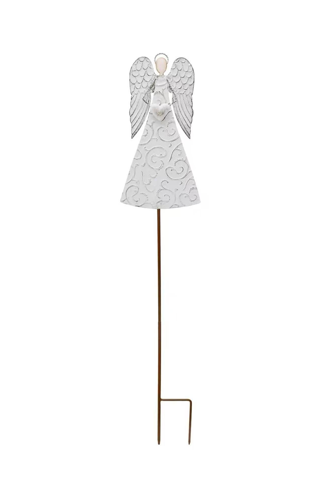 Rustic White Metal Angel Garden Stake – Outdoor Yard Art Decor