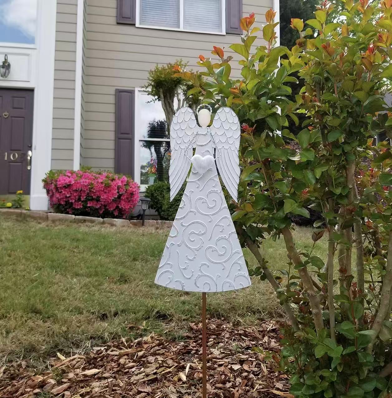 Rustic White Metal Angel Garden Stake – Outdoor Yard Art Decor