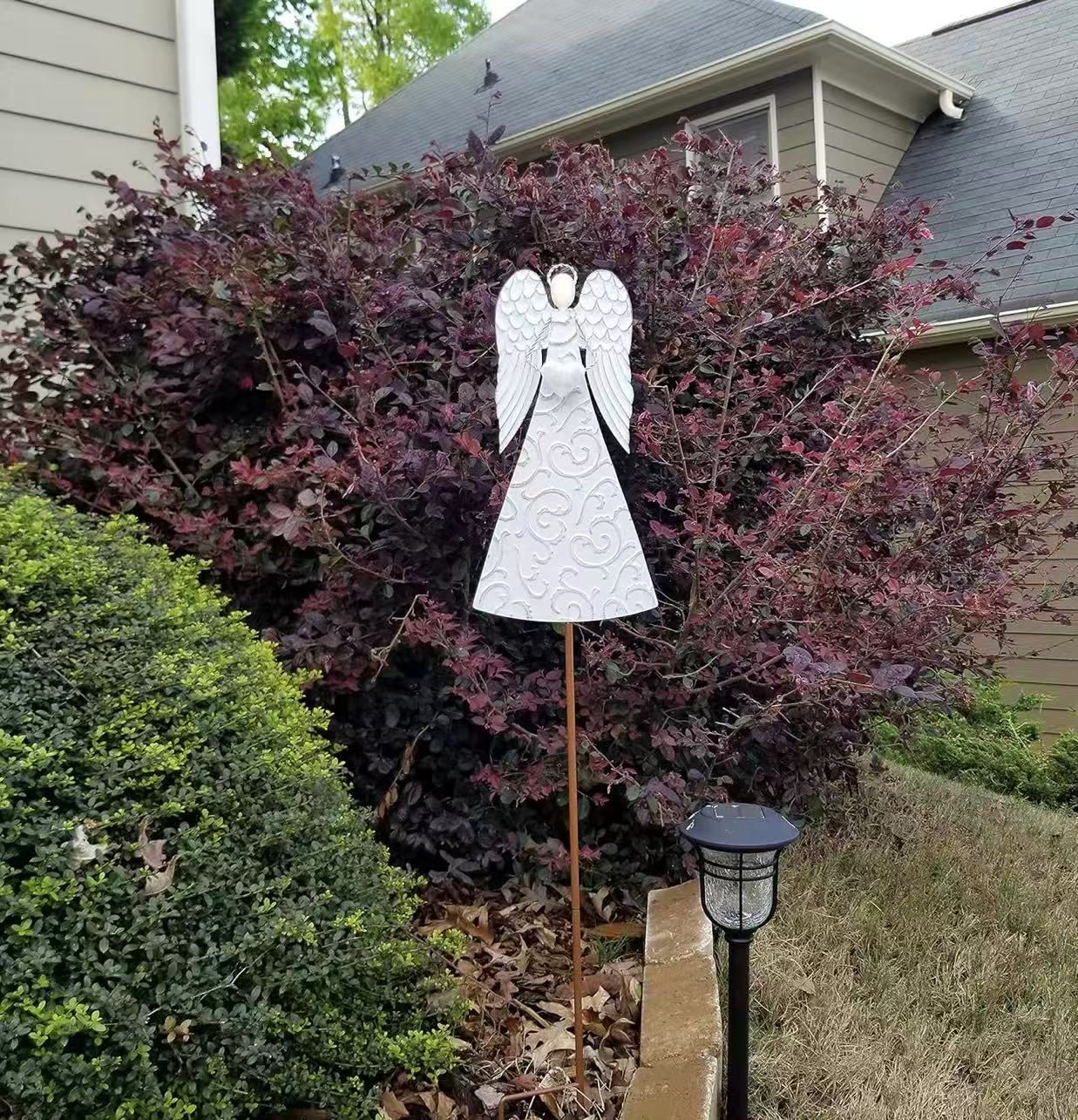 Rustic White Metal Angel Garden Stake – Outdoor Yard Art Decor