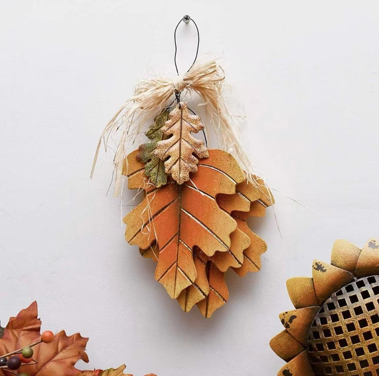 Autumn Oak Leaf Wood Hanging Decor – Fall Wall Sign for Front Door or Fireplace Mantel