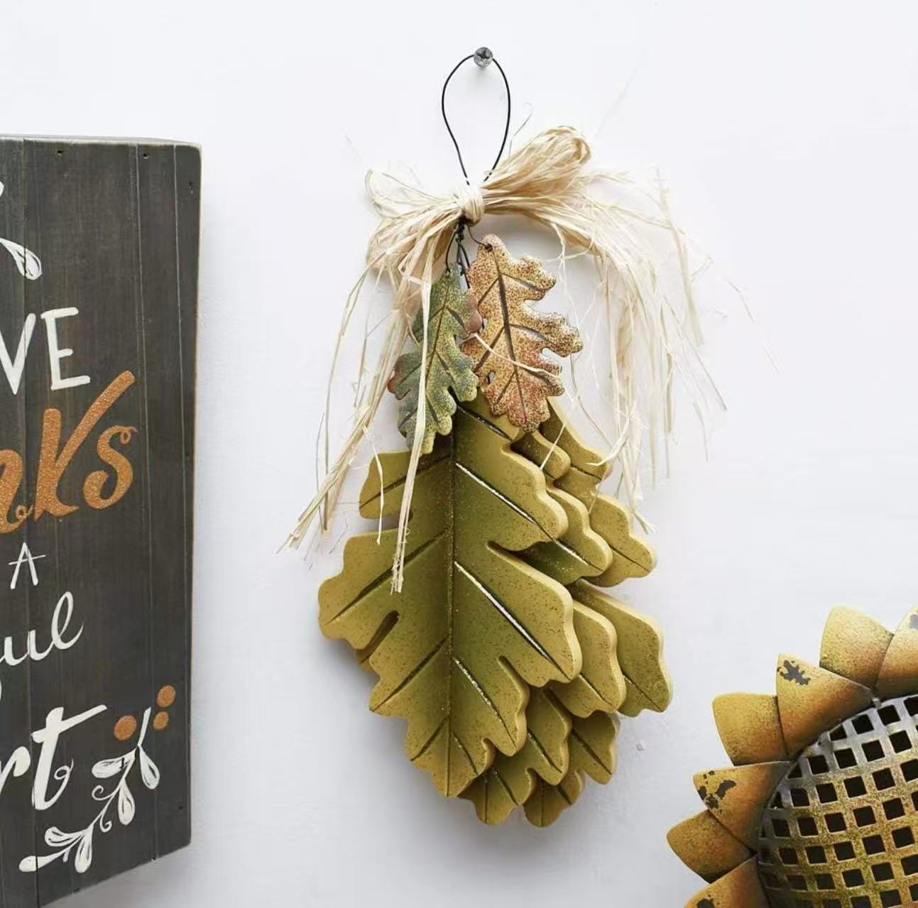 Autumn Oak Leaf Wood Hanging Decor – Fall Wall Sign for Front Door or Fireplace Mantel