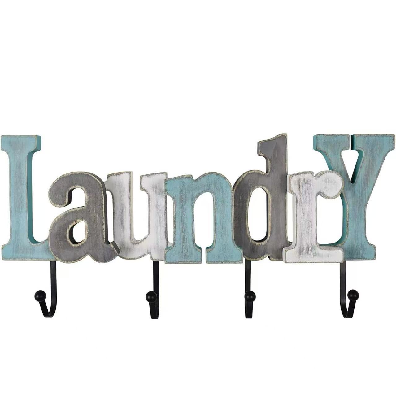 Wall Mounted Wooden Laundry Sign with Hooks
