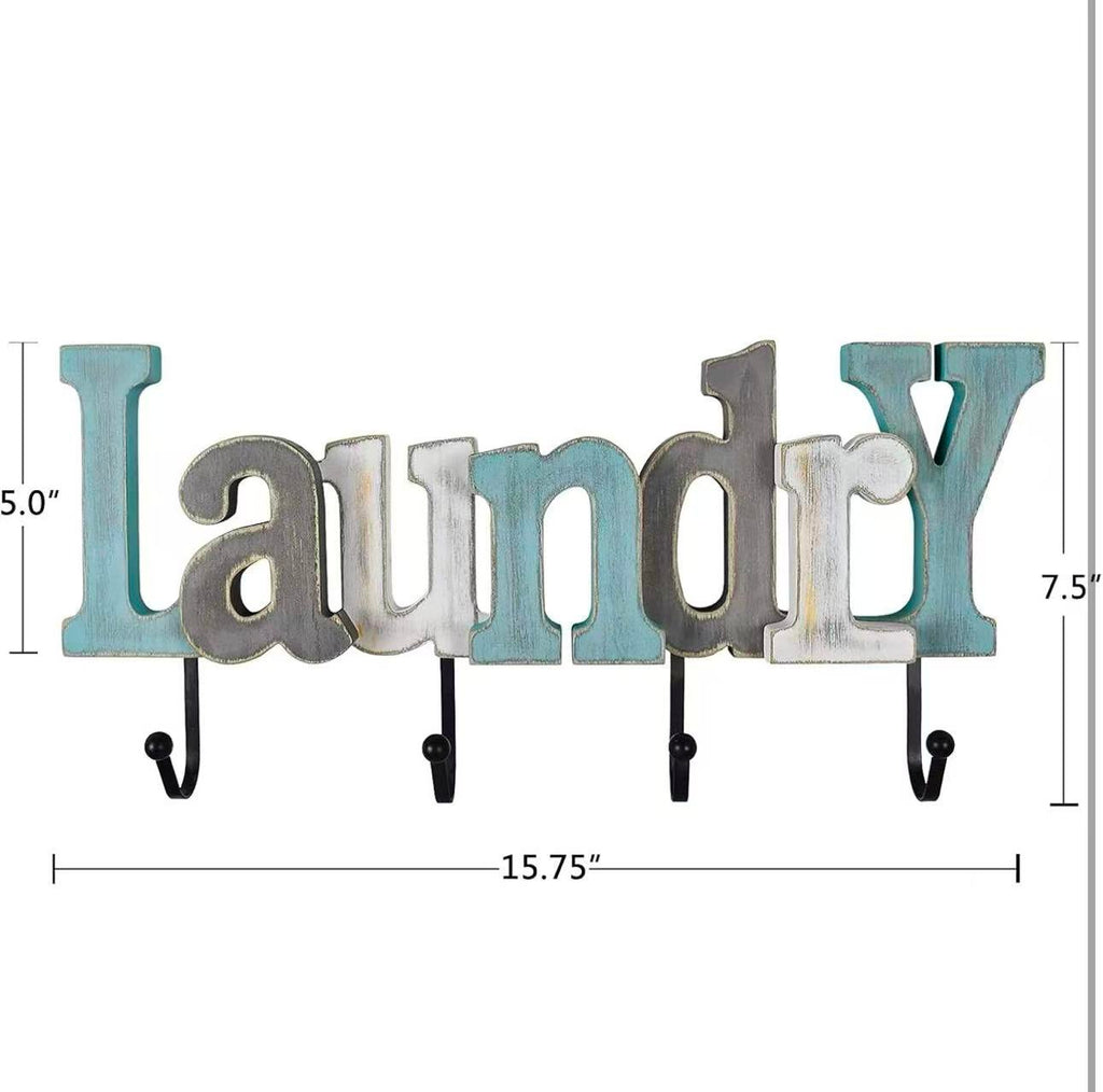Wall Mounted Wooden Laundry Sign with Hooks