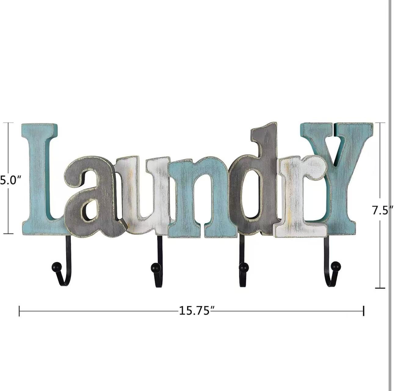 Wall Mounted Wooden Laundry Sign with Hooks