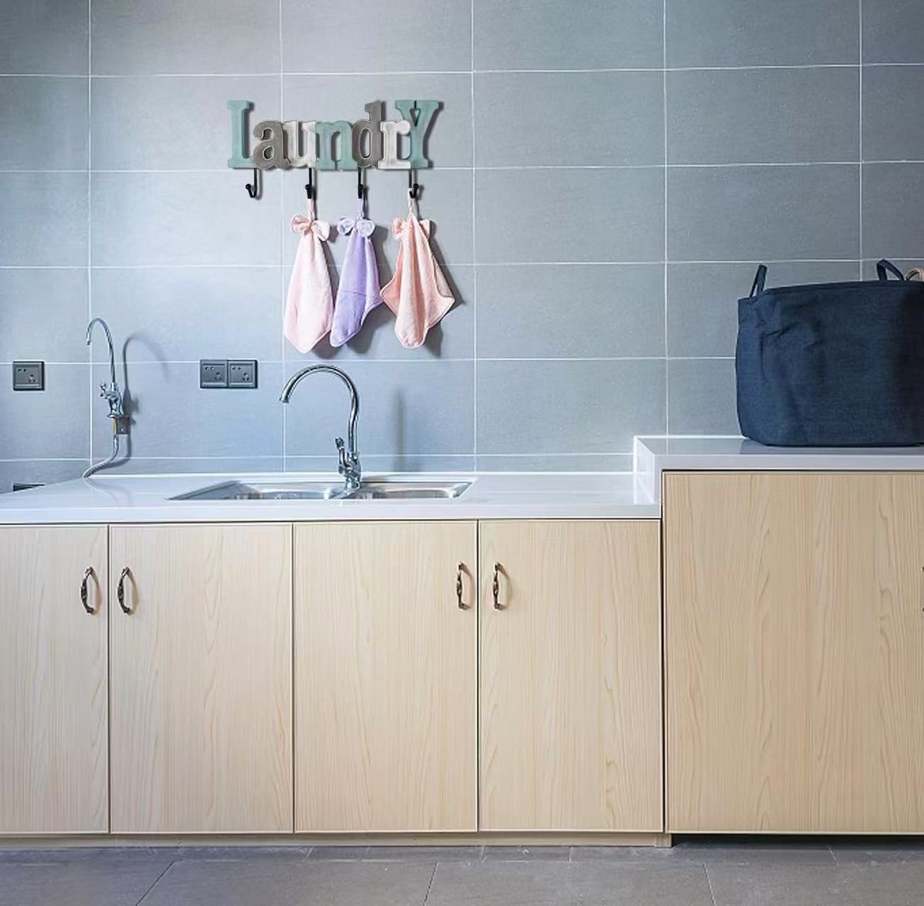 Wall Mounted Wooden Laundry Sign with Hooks
