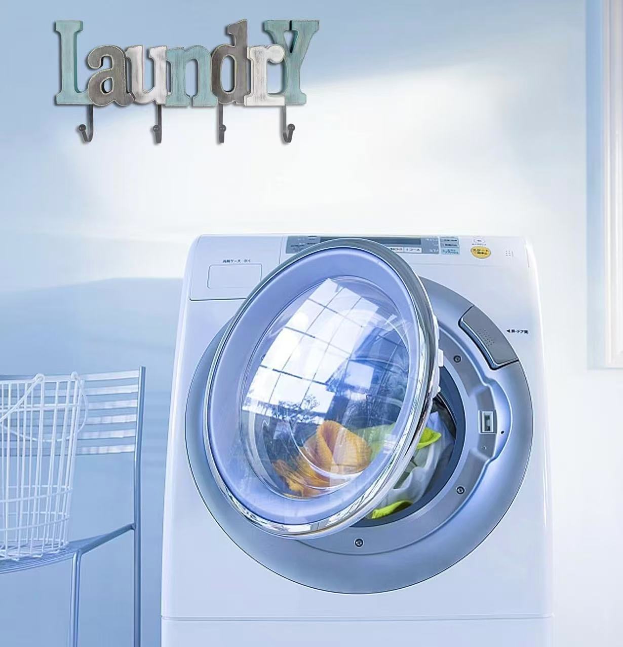 Wall Mounted Wooden Laundry Sign with Hooks