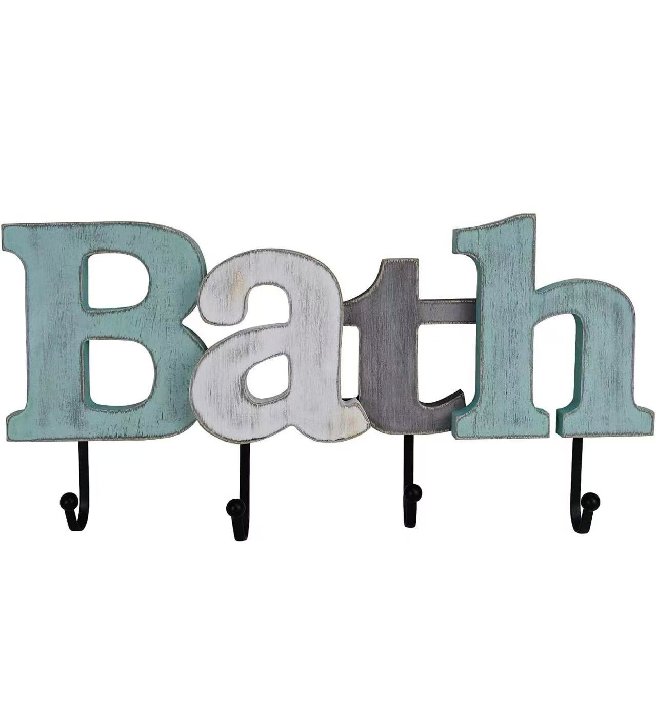 Wooden Bath Wall Sign with Cutout Letters and Towel Rack, Wall Mounted