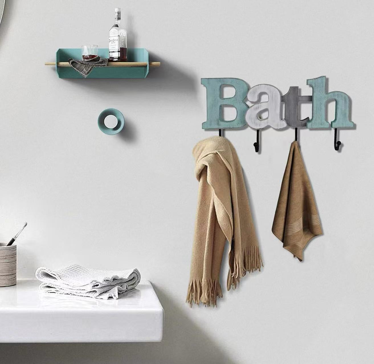 Wooden Bath Wall Sign with Cutout Letters and Towel Rack, Wall Mounted