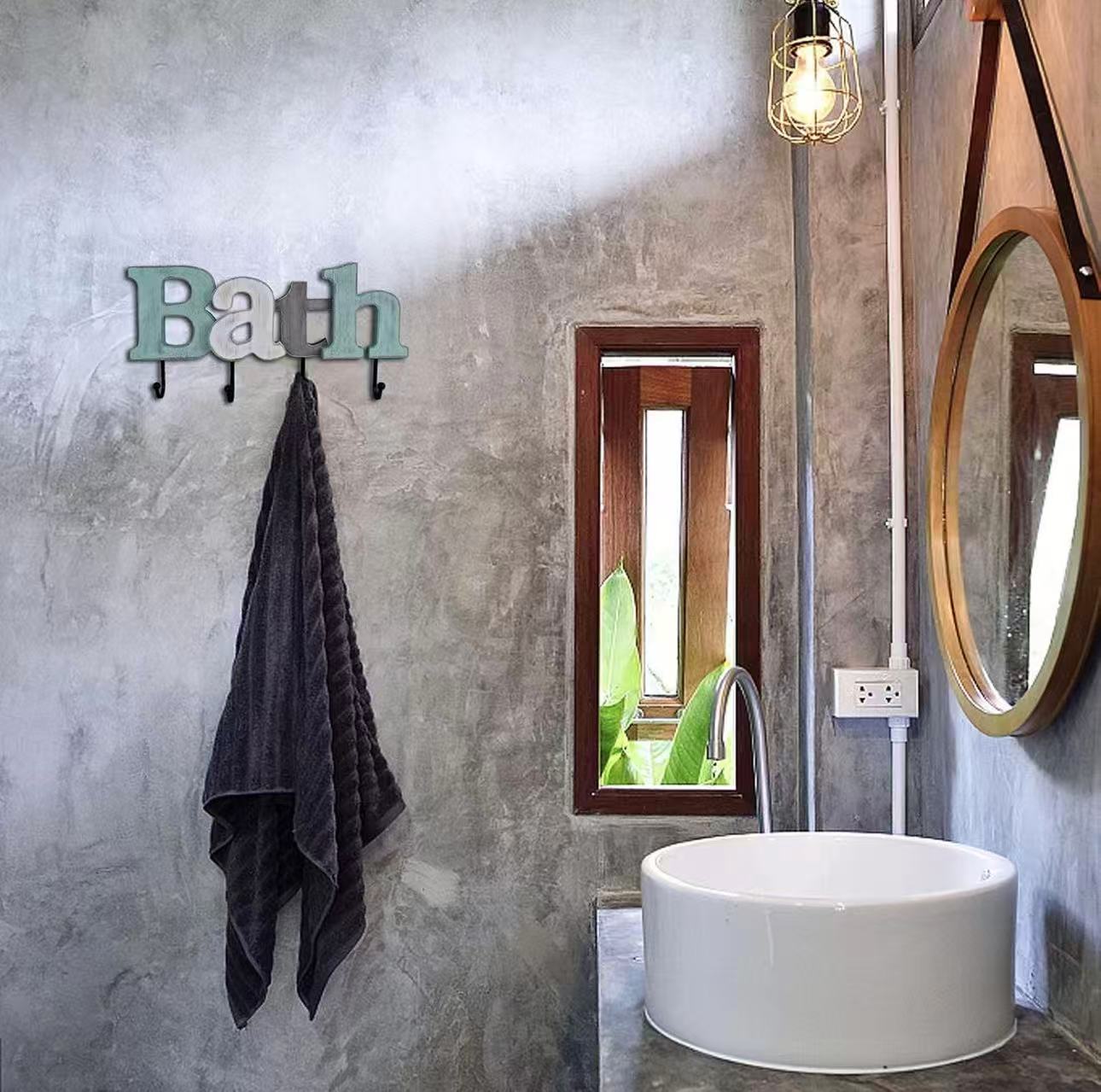 Wooden Bath Wall Sign with Cutout Letters and Towel Rack, Wall Mounted