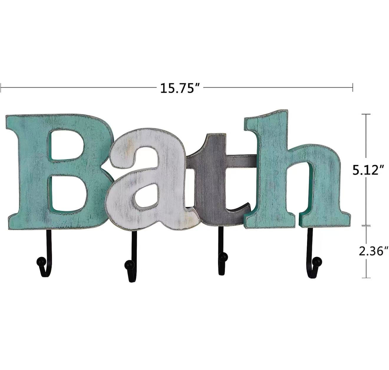 Wooden Bath Wall Sign with Cutout Letters and Towel Rack, Wall Mounted