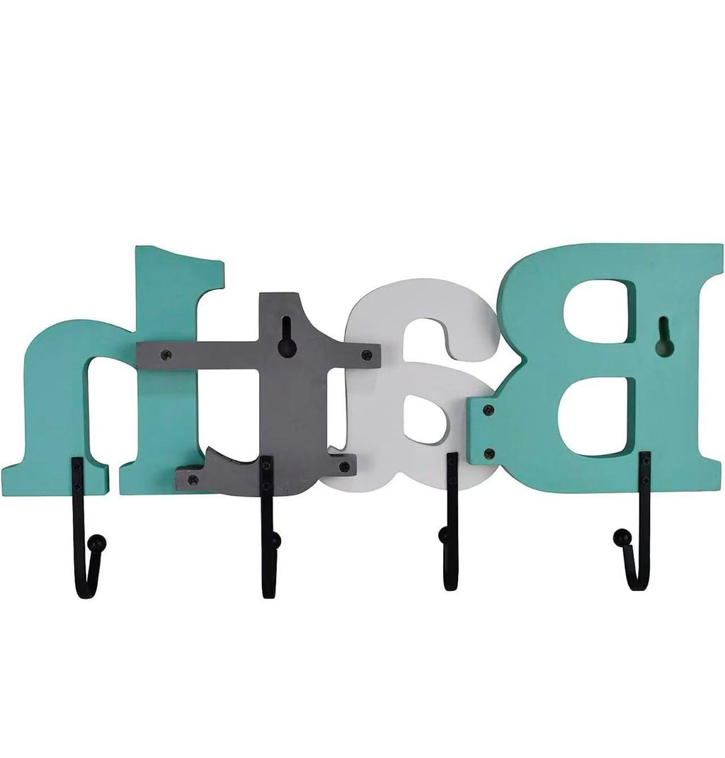 Wooden Bath Wall Sign with Cutout Letters and Towel Rack, Wall Mounted