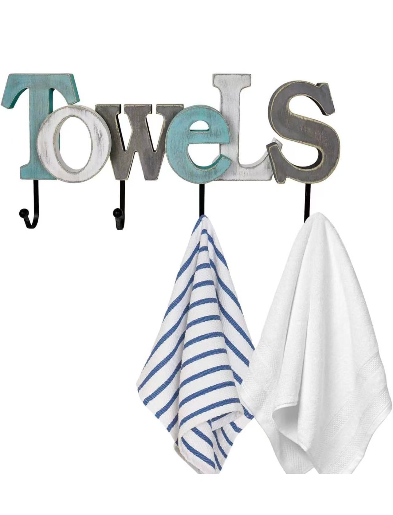Wall-Mounted Wooden "Towel" Sign with Hooks – Bathroom Towel Rack