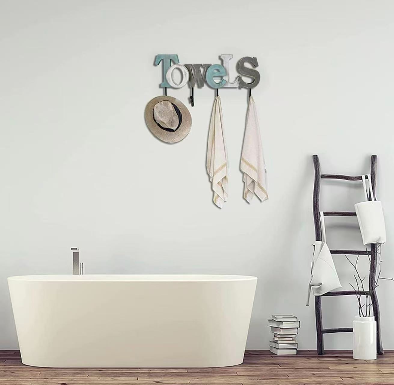 Wall-Mounted Wooden "Towel" Sign with Hooks – Bathroom Towel Rack