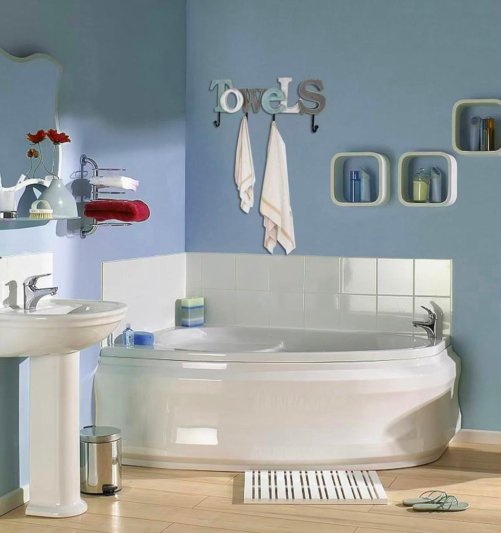 Wall-Mounted Wooden "Towel" Sign with Hooks – Bathroom Towel Rack