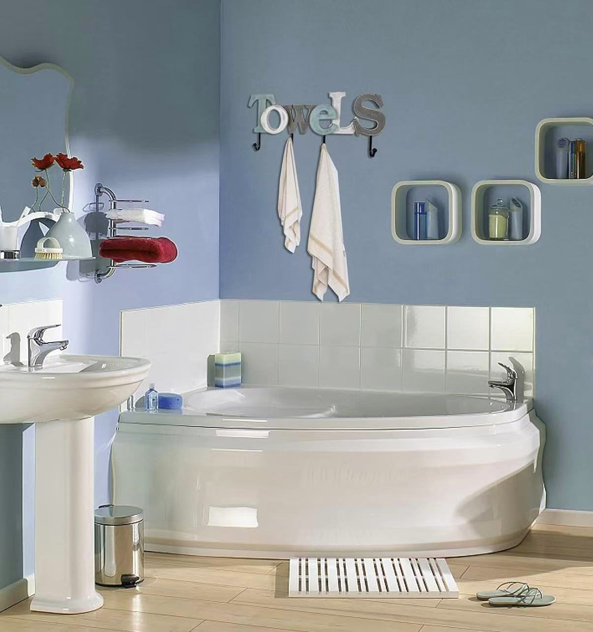 Wall-Mounted Wooden "Towel" Sign with Hooks – Bathroom Towel Rack