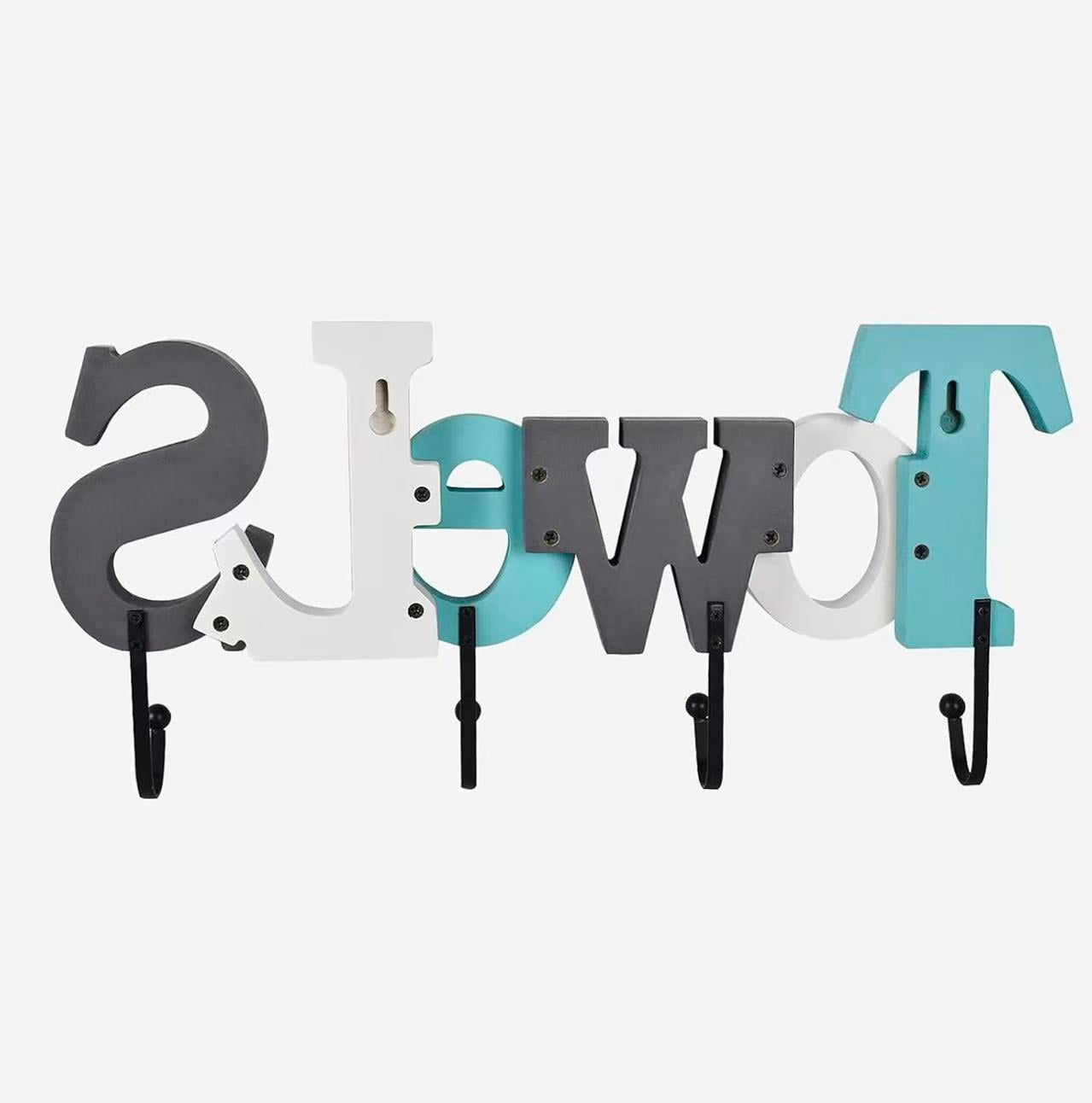 Wall-Mounted Wooden "Towel" Sign with Hooks – Bathroom Towel Rack