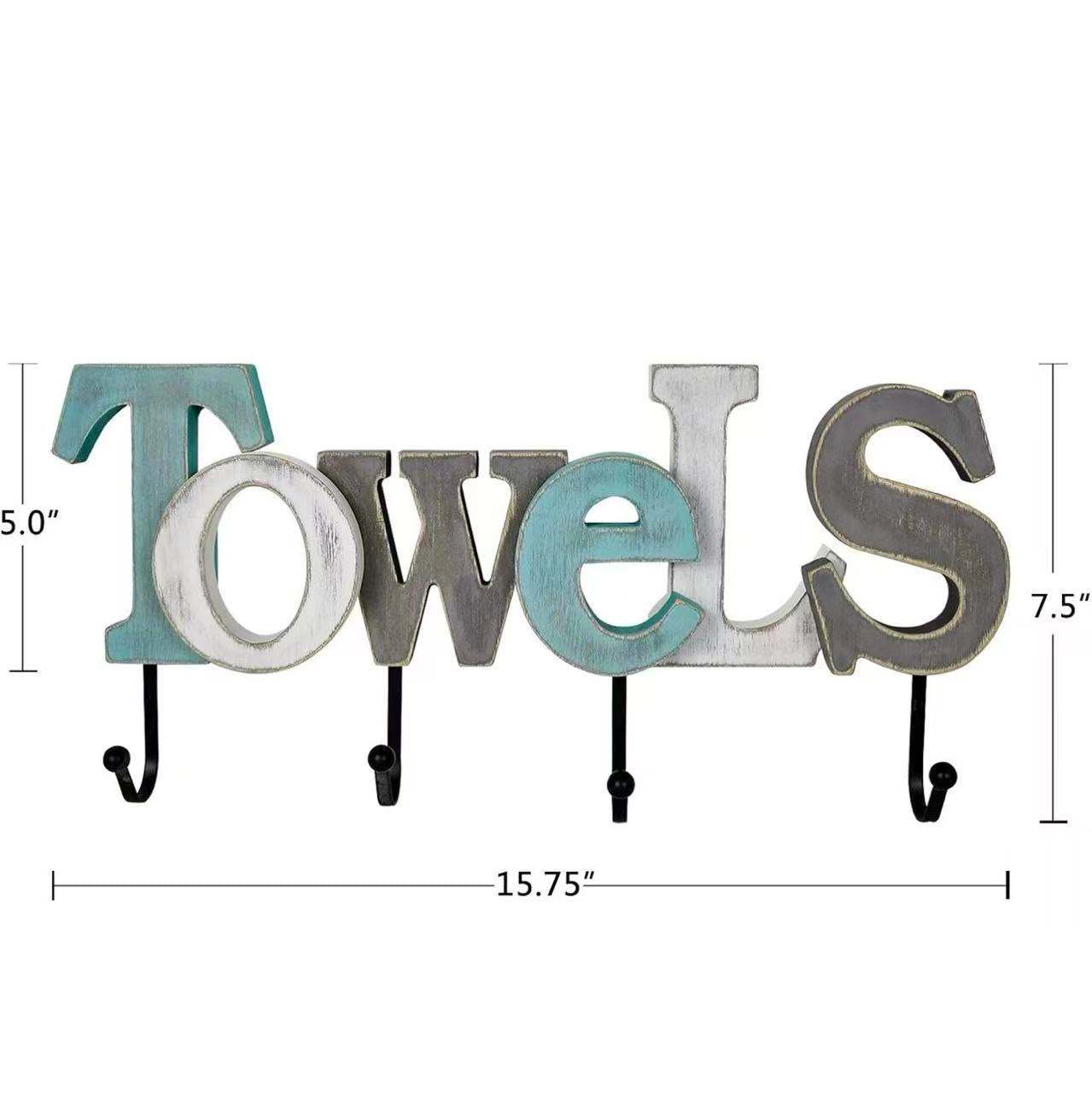 Wall-Mounted Wooden "Towel" Sign with Hooks – Bathroom Towel Rack