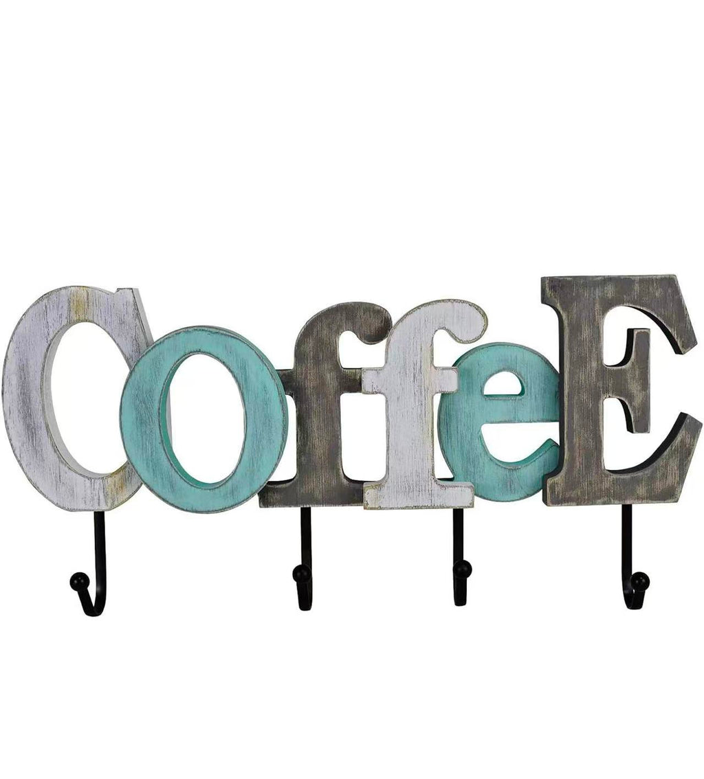 Wooden Coffee Sign with Wall-Mounted Hooks