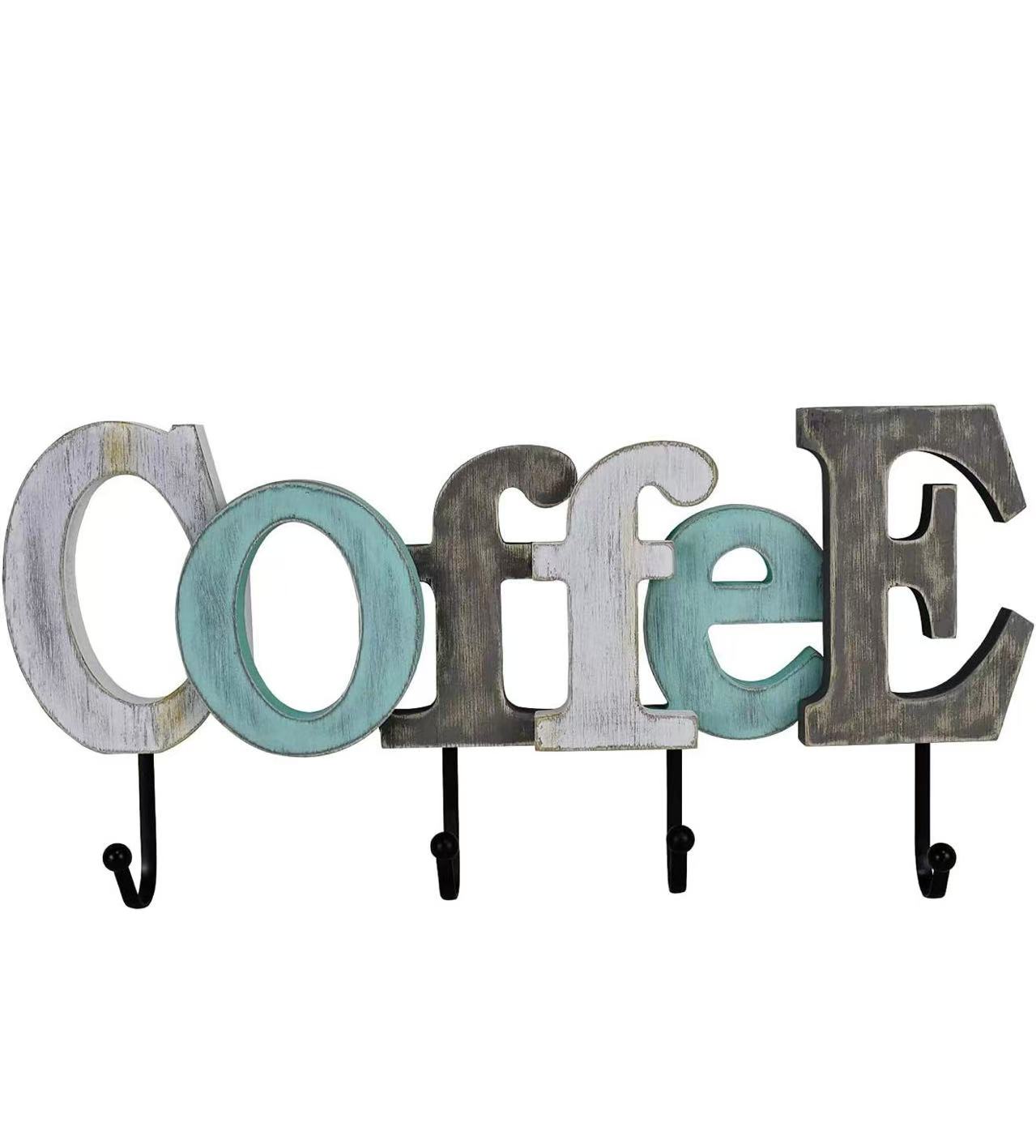 Wooden Coffee Sign with Wall-Mounted Hooks