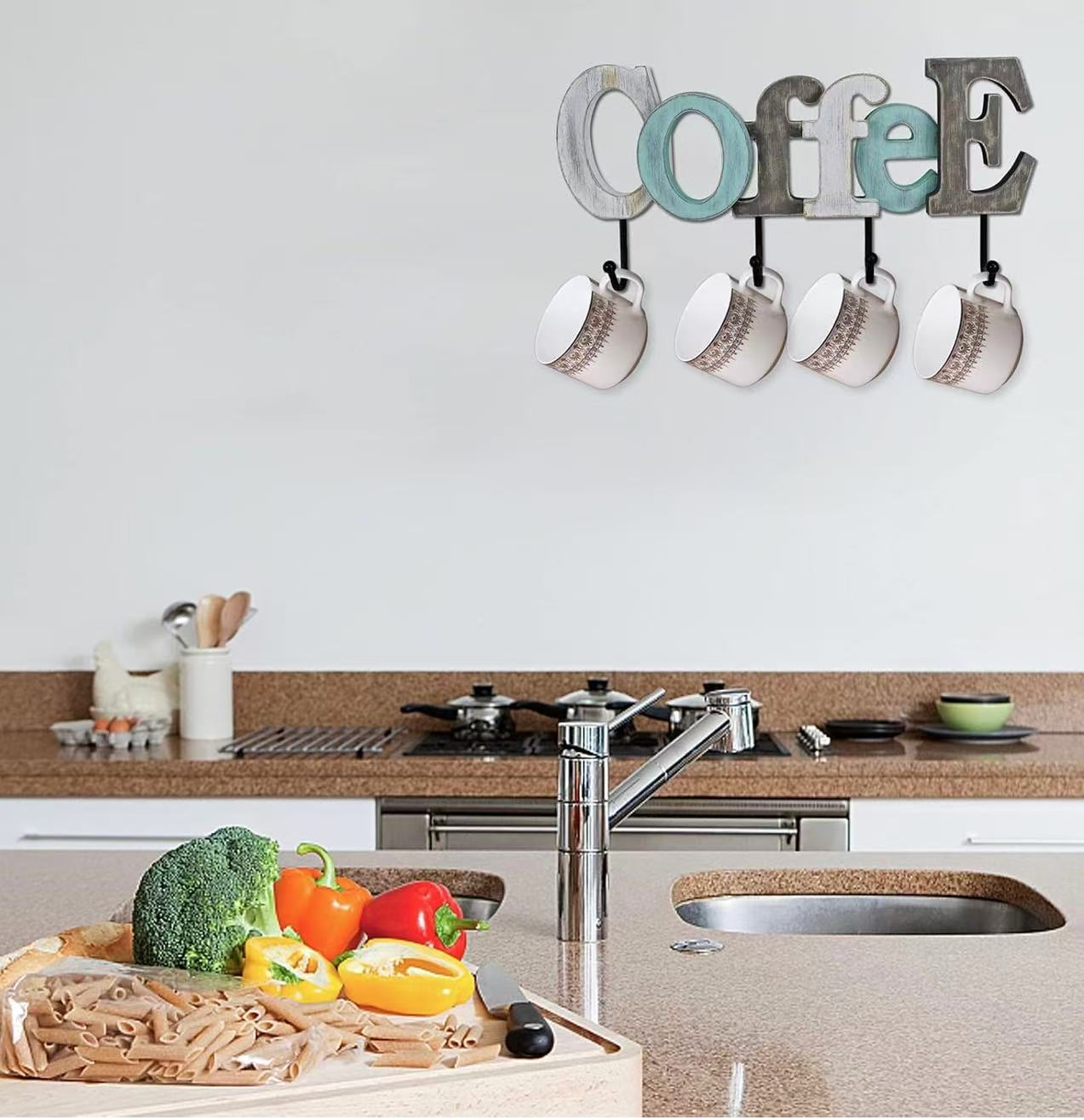 Wooden Coffee Sign with Wall-Mounted Hooks