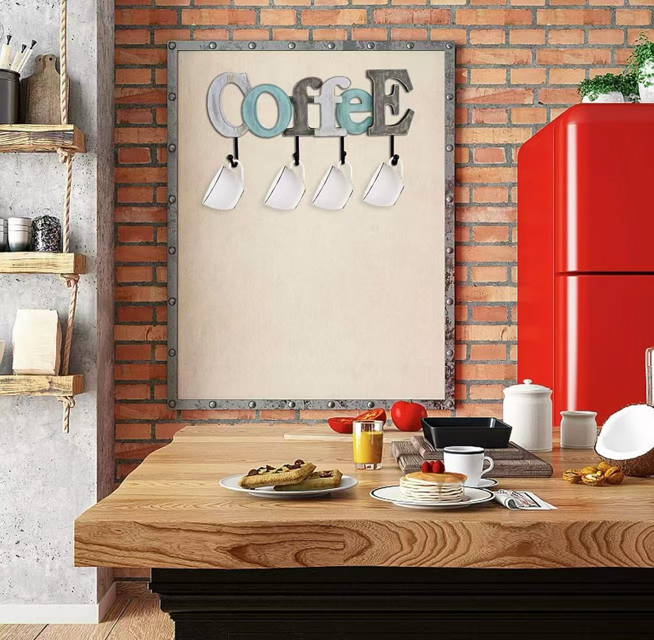 Wooden Coffee Sign with Wall-Mounted Hooks