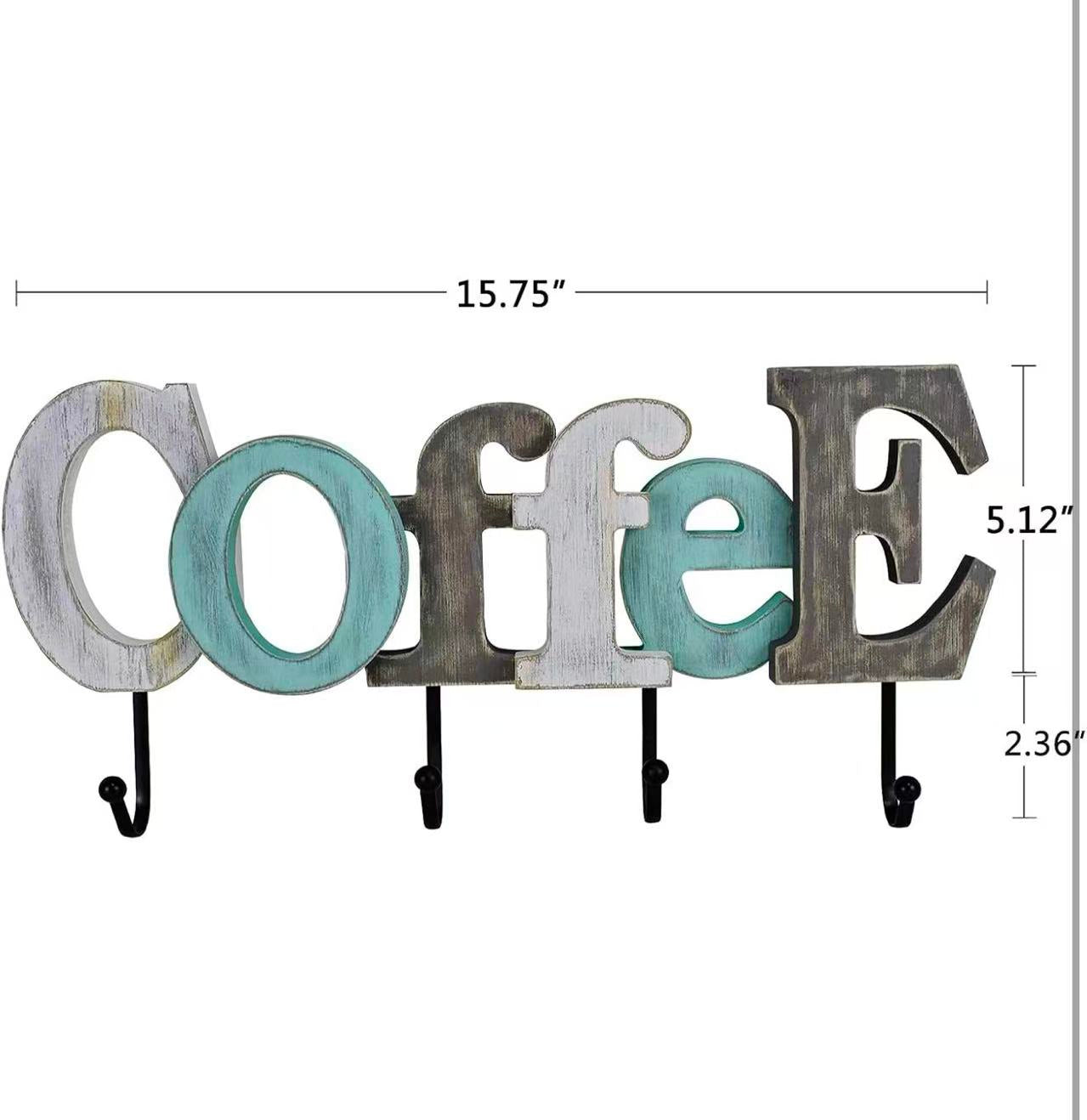 Wooden Coffee Sign with Wall-Mounted Hooks