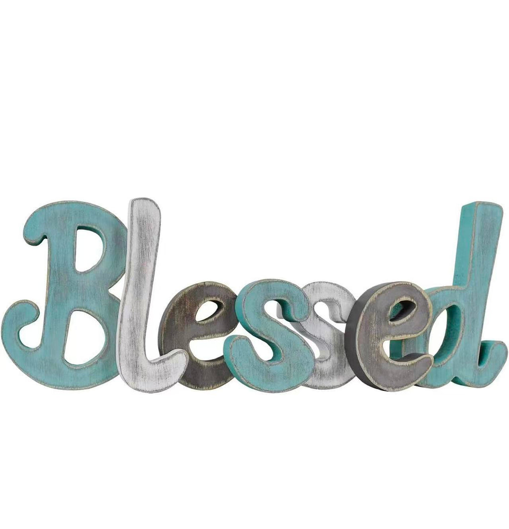 Teal "Blessed" Wooden Letters – Freestanding Rustic Cutout Word Decor for Living Room Shelf or Mantel