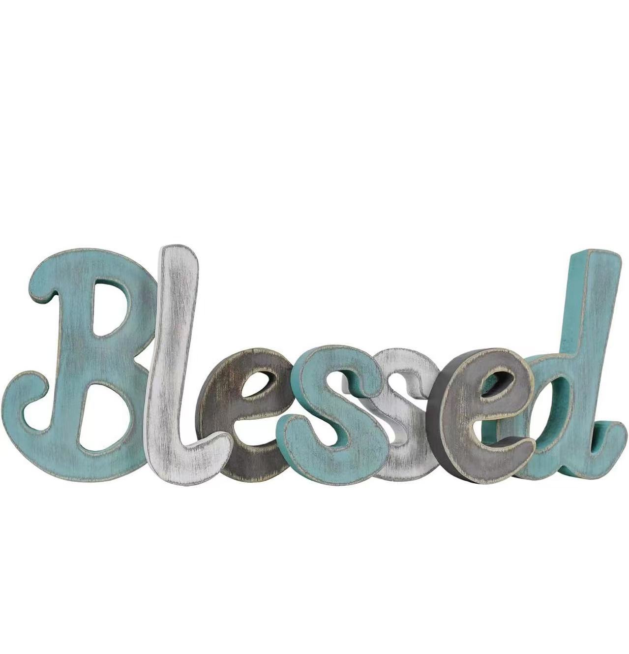 Teal "Blessed" Wooden Letters – Freestanding Rustic Cutout Word Decor for Living Room Shelf or Mantel