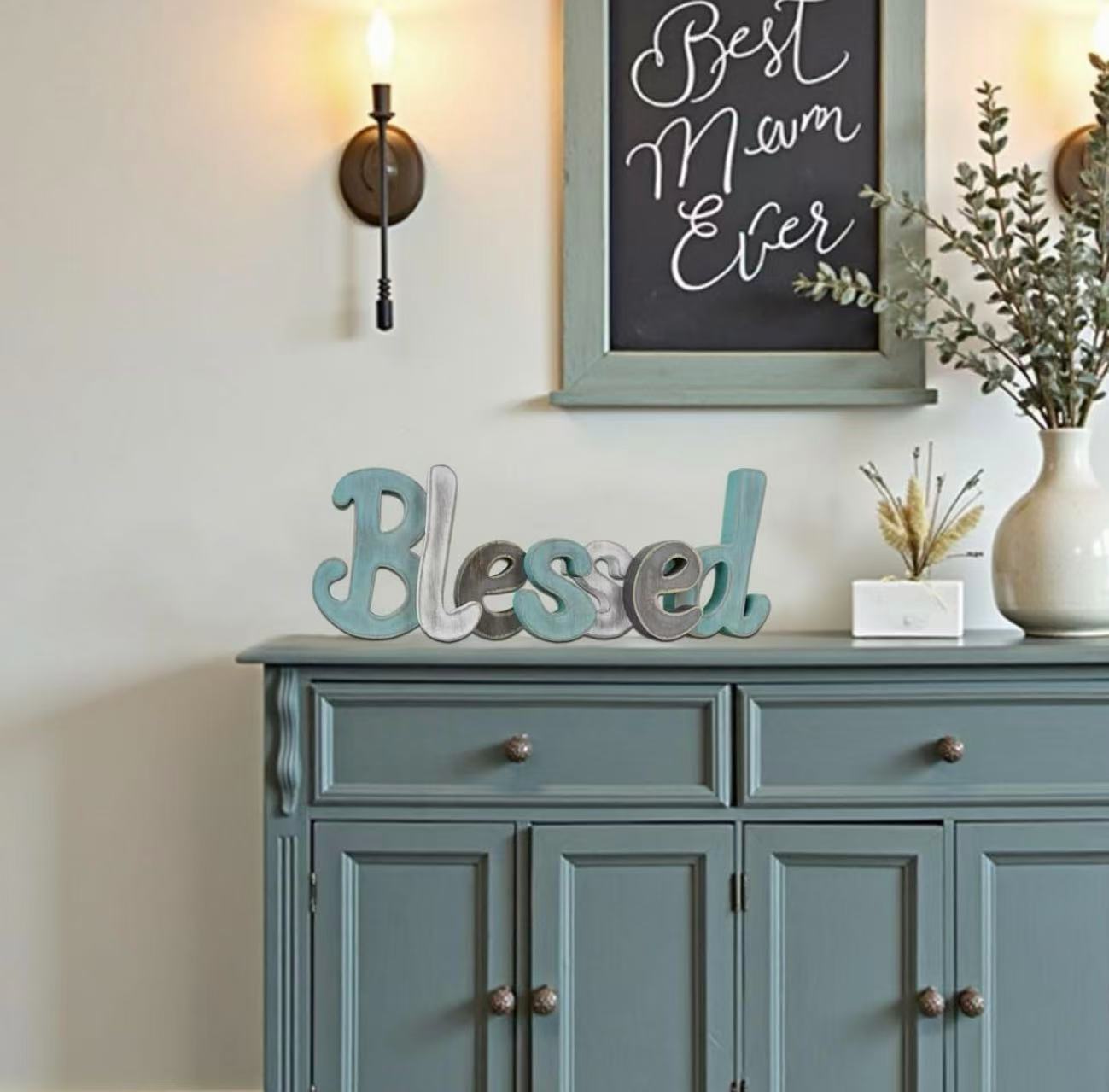 Teal "Blessed" Wooden Letters – Freestanding Rustic Cutout Word Decor for Living Room Shelf or Mantel