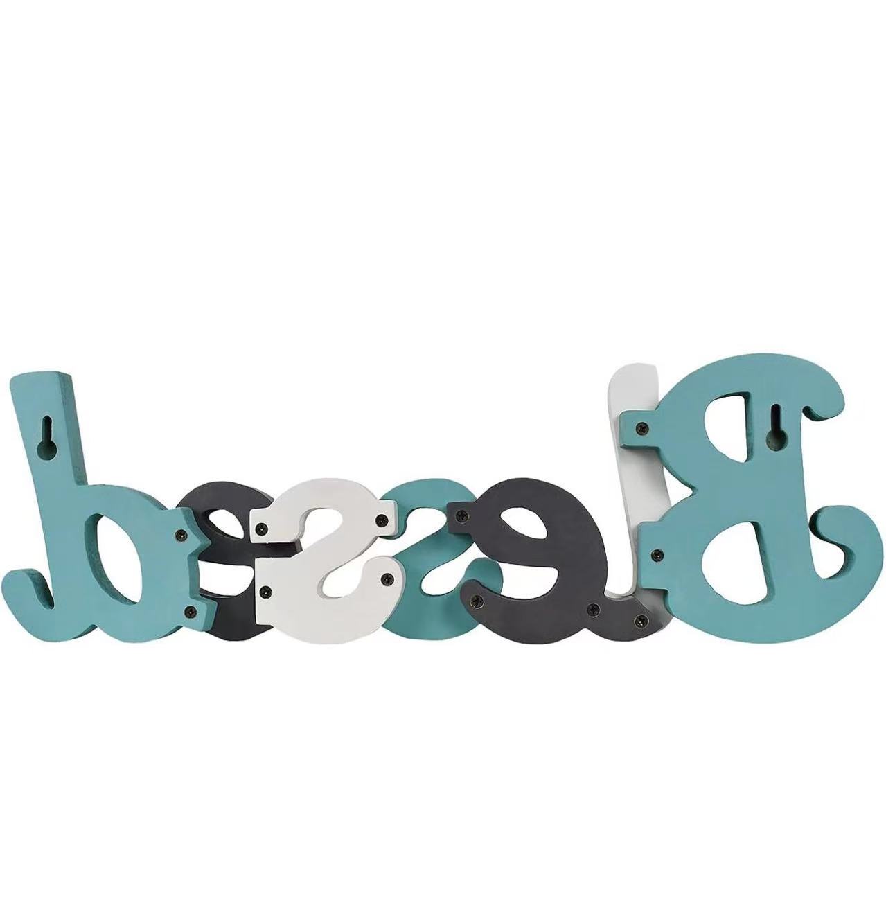 Teal "Blessed" Wooden Letters – Freestanding Rustic Cutout Word Decor for Living Room Shelf or Mantel