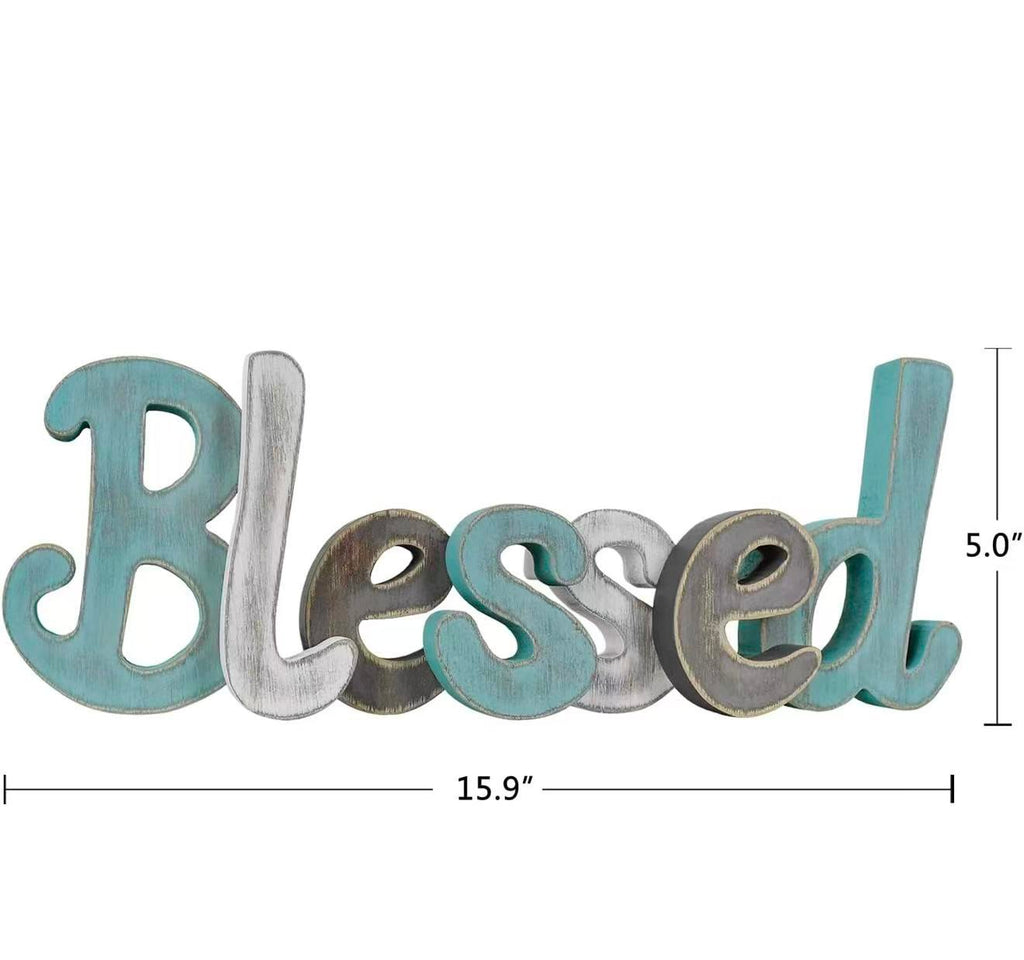 Teal "Blessed" Wooden Letters – Freestanding Rustic Cutout Word Decor for Living Room Shelf or Mantel