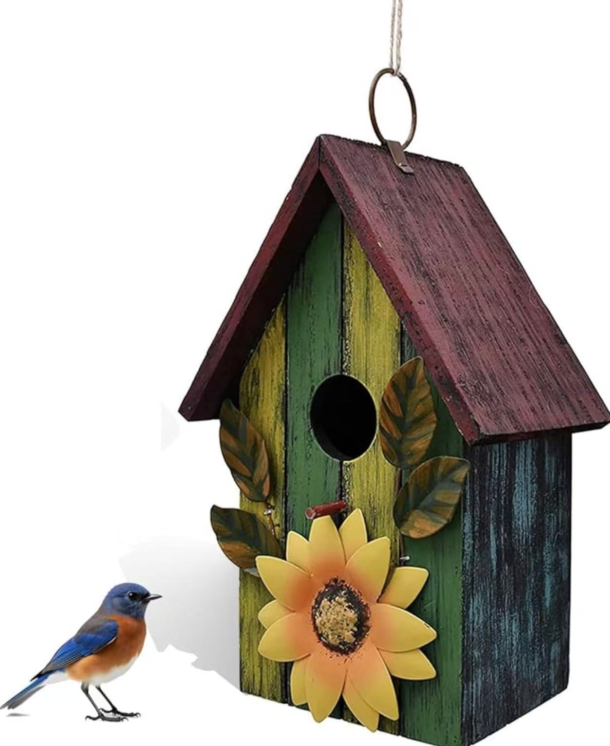 Vintage Wooden Bluebird House, Outdoor Hanging Nest Box for Finches & Cardinals
