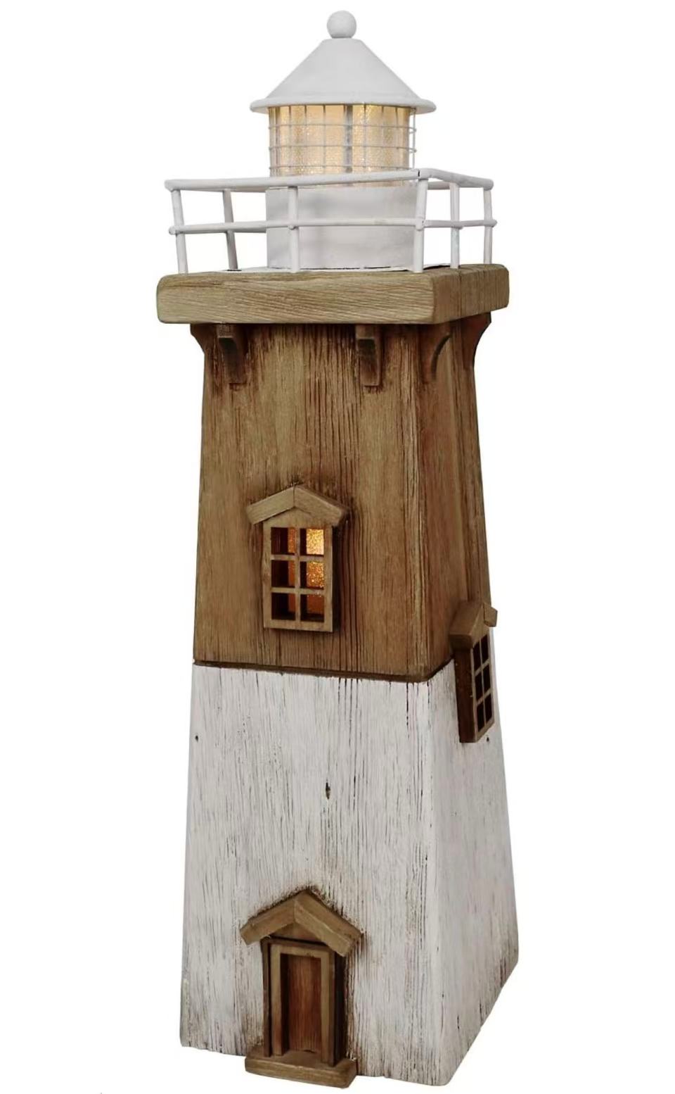 Wooden LED Lighthouse Decor, Nautical Theme Beach Ornament, Rustic Tabletop Decoration