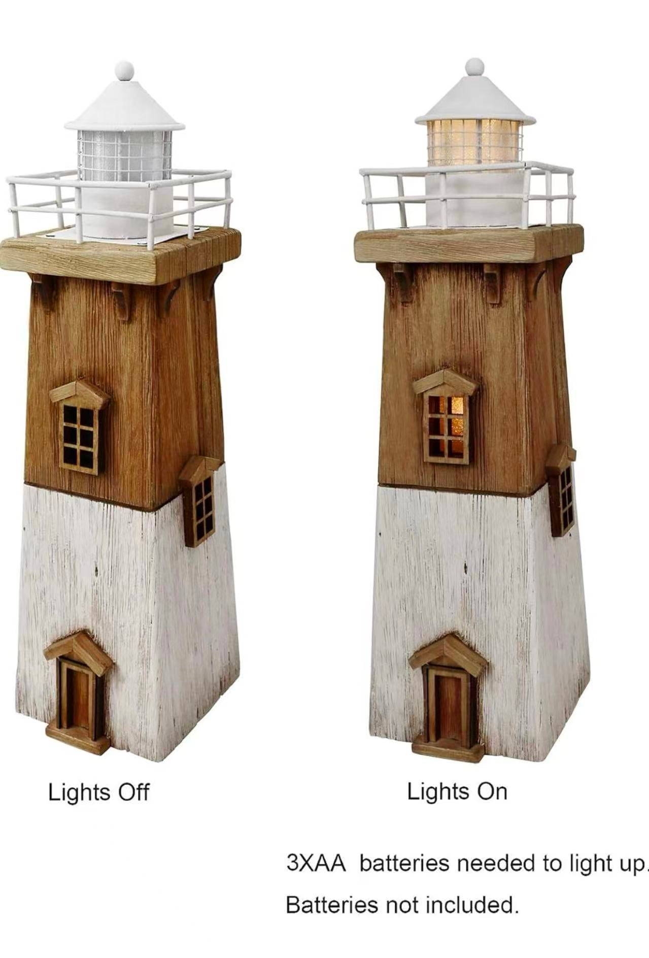 Wooden LED Lighthouse Decor, Nautical Theme Beach Ornament, Rustic Tabletop Decoration