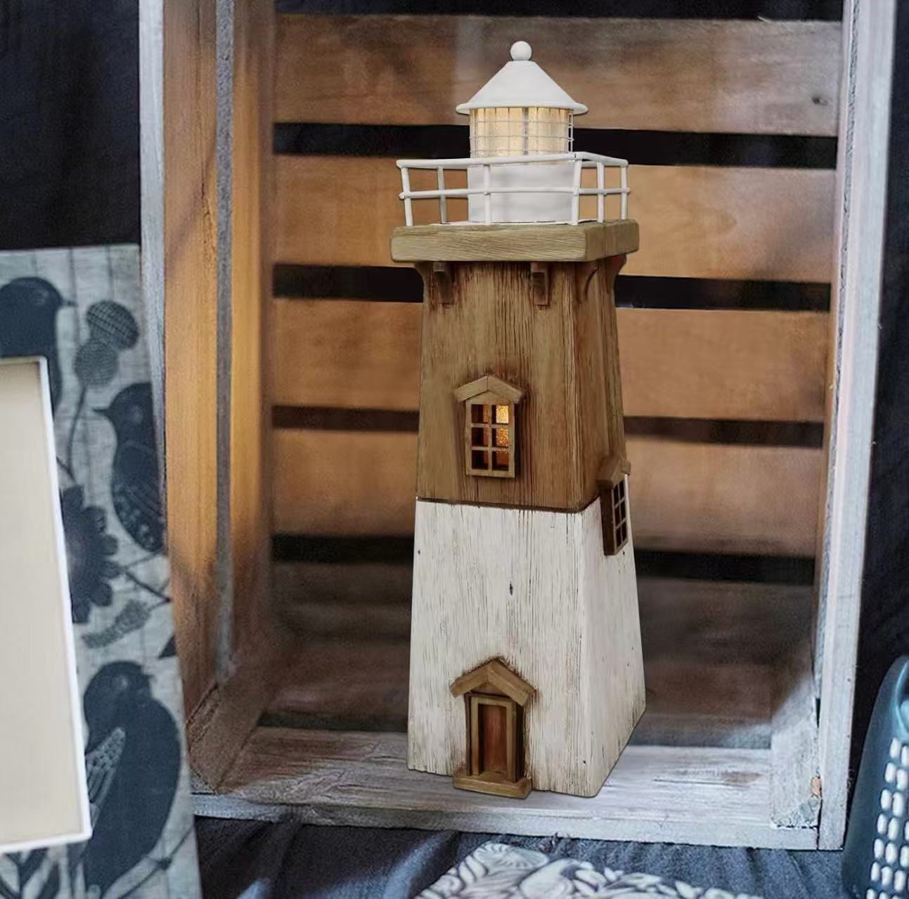 Wooden LED Lighthouse Decor, Nautical Theme Beach Ornament, Rustic Tabletop Decoration