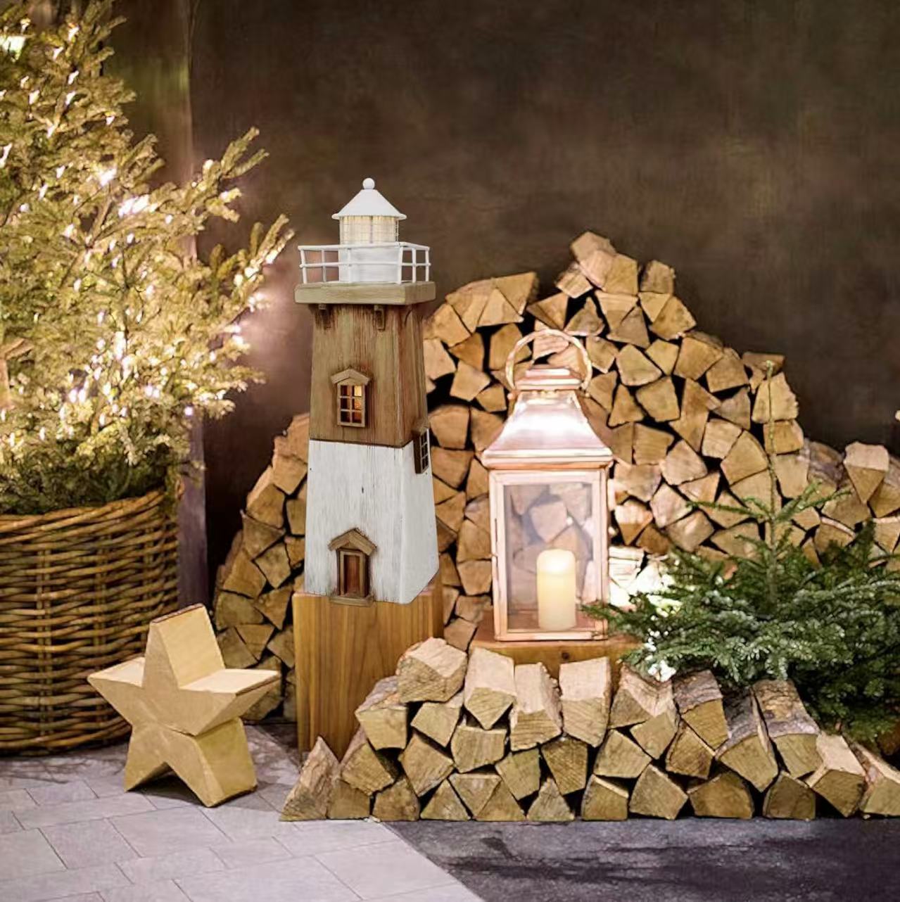 Wooden LED Lighthouse Decor, Nautical Theme Beach Ornament, Rustic Tabletop Decoration