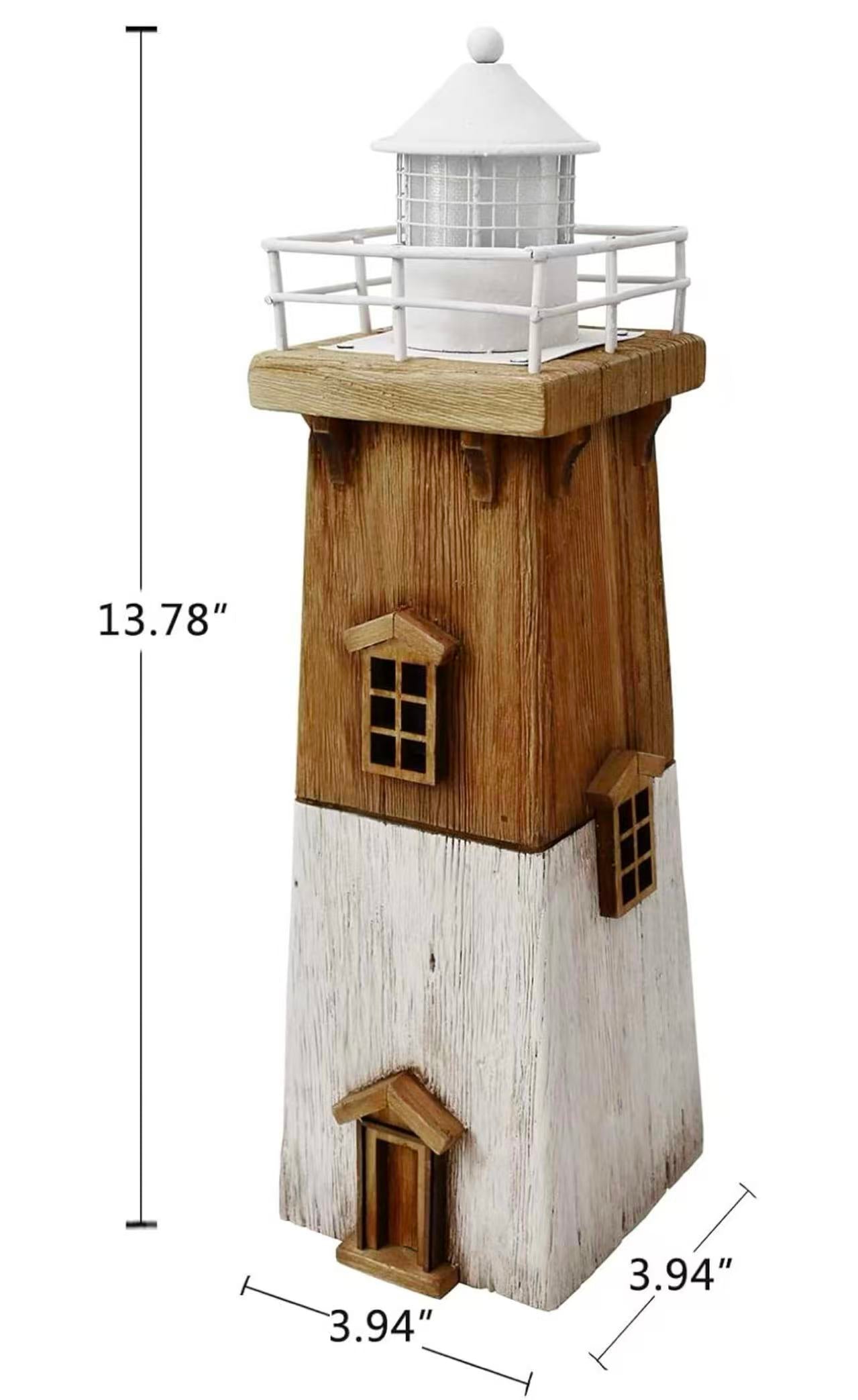 Wooden LED Lighthouse Decor, Nautical Theme Beach Ornament, Rustic Tabletop Decoration