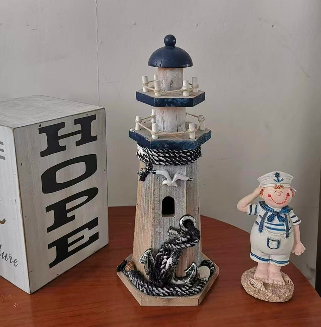 Nautical-themed lighthouse figurine, perfect as a beach-style centerpiece for your bathroom or home decor.