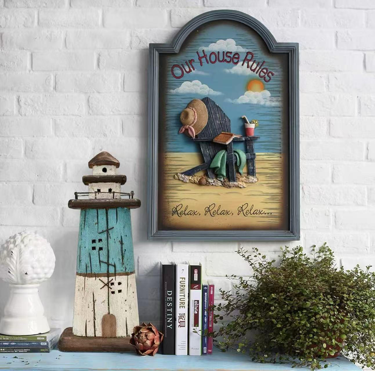 Rustic nautical lighthouse figurine, perfect as a tabletop centerpiece or bathroom decor. Adds Mediterranean beach vibes to your home.