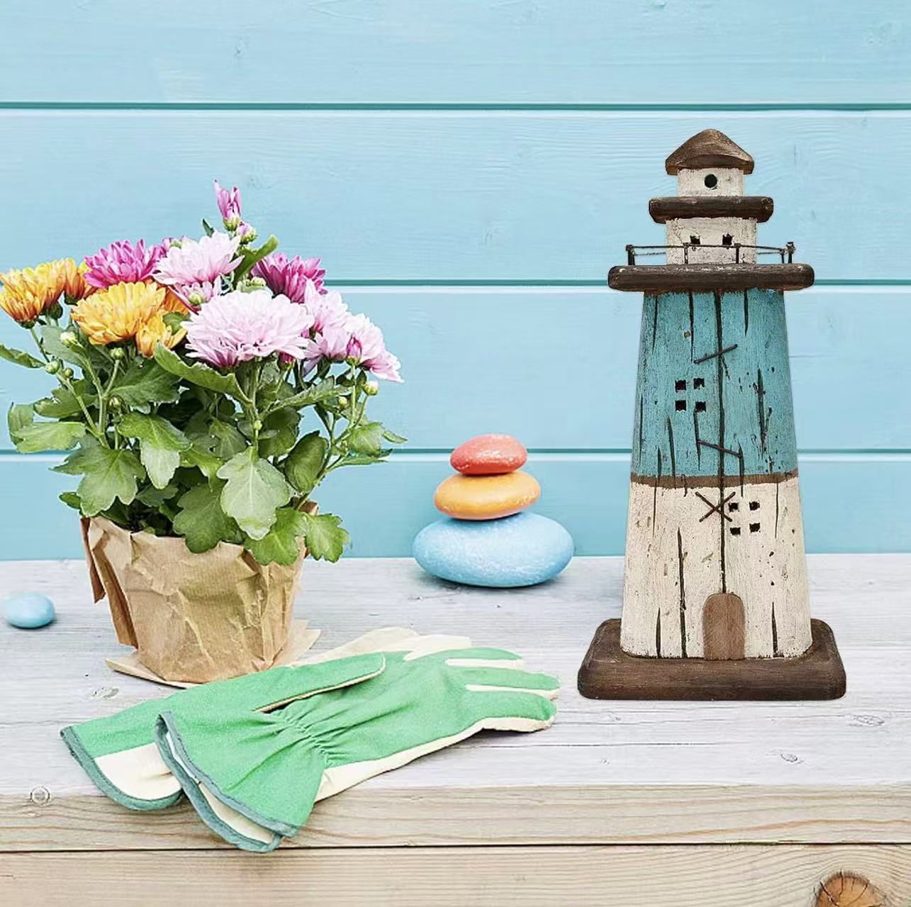 Rustic nautical lighthouse figurine, perfect as a tabletop centerpiece or bathroom decor. Adds Mediterranean beach vibes to your home.